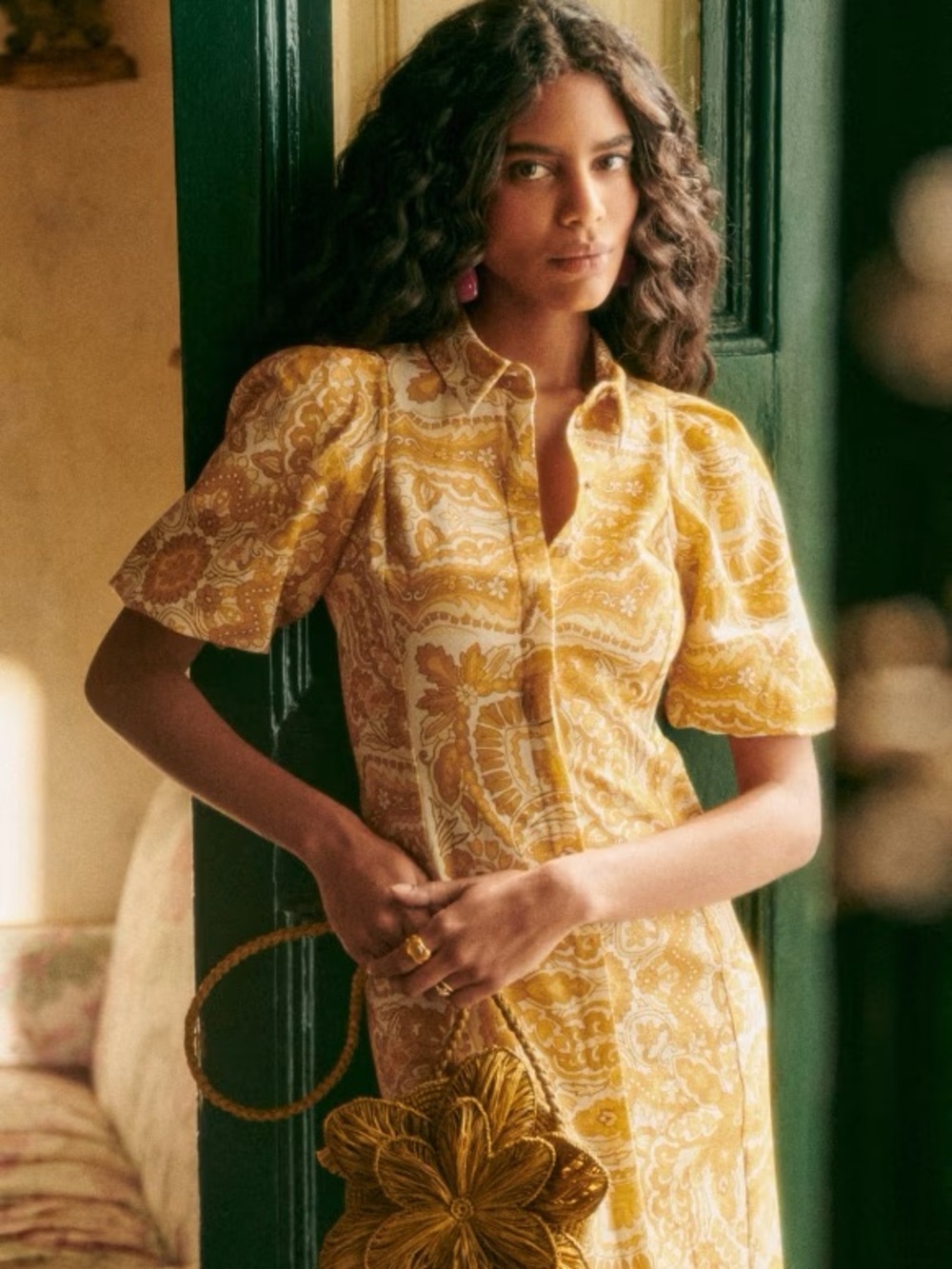 Sezane Yellow Paisley Puff-Sleeve Women's dress